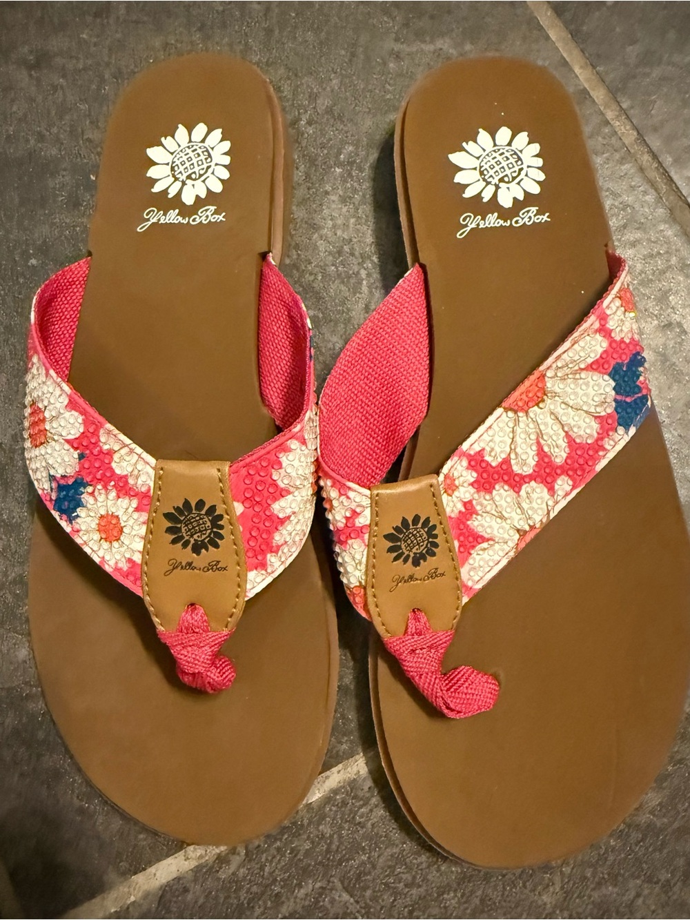 Yellow Box Pink Floral Embroidered Flip Flop Sandals